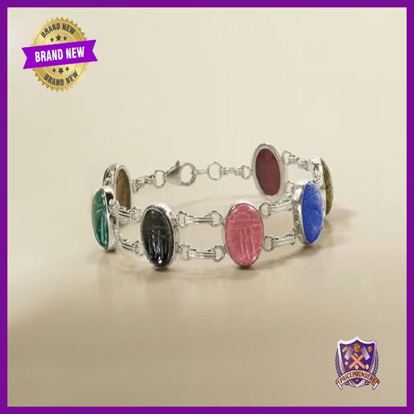 Sterling Silver Multi-Gemstone Scarab Bracelet, 7 Inch - Picture 5 of 8